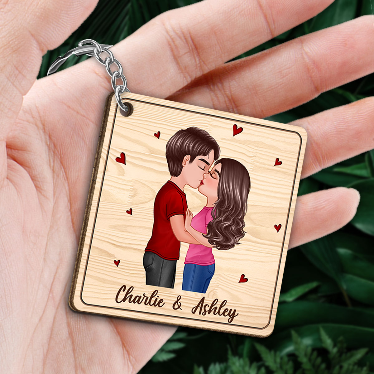 Doll Couple Kissing Calendar Anniversary Date Personalized Wooden Keychain