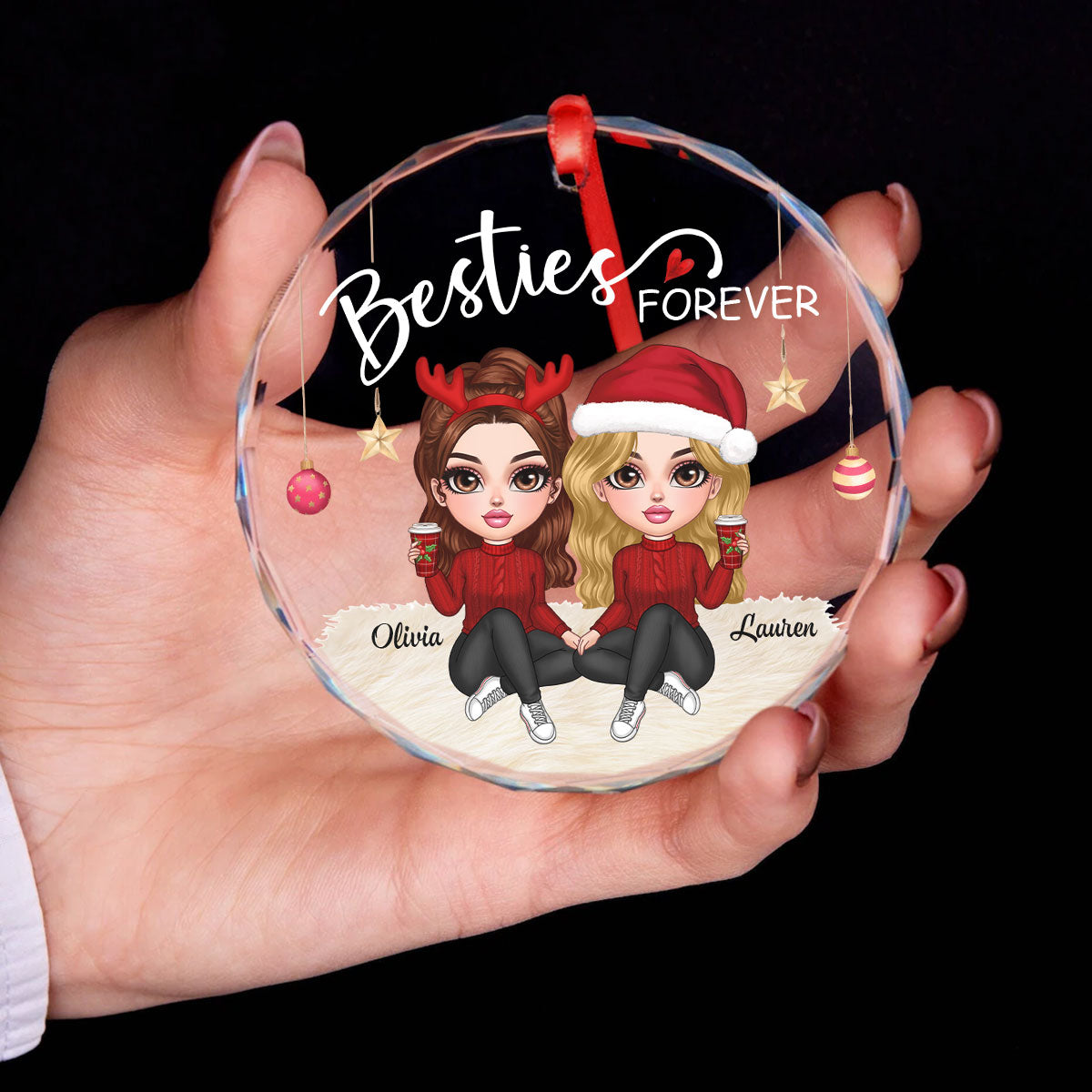 Besties Forever Y2K Best Friends Personalized Glass Ornament, Friendship Christmas Gift