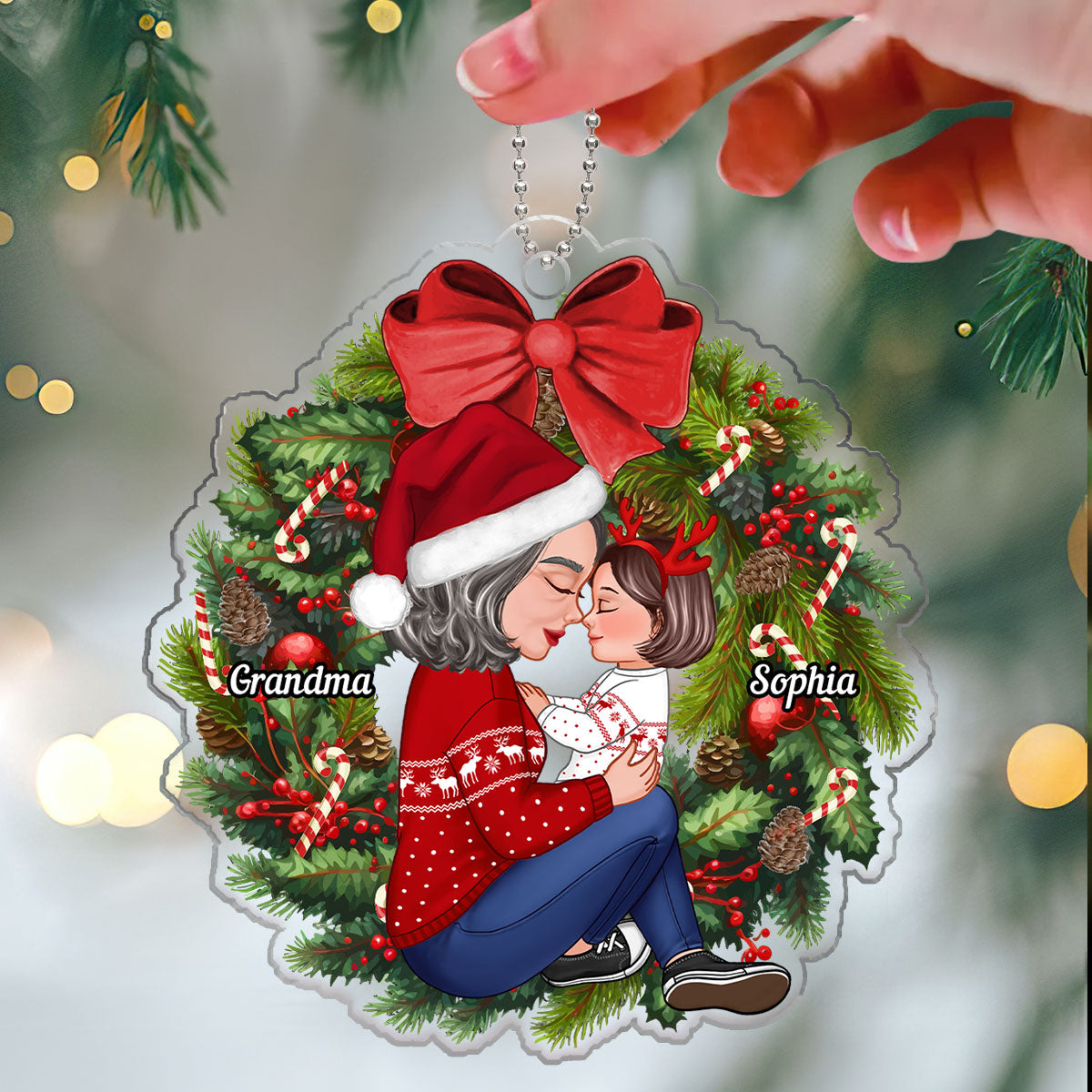 Grandma Mom Hugging Kid Sitting On Christmas Wreath Personalized Acrylic Ornament