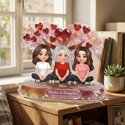 Mom And Son Daughter Under Heart Tree Forever Linked Together - Personalized Acrylic Block Plaque - Gift For Mom