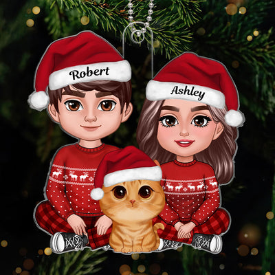 Couple Sitting Crossed Legs And Watercolor Cute Dogs Cats You Me And The Dogs Cats Christmas Gift Personalized Acrylic Ornament