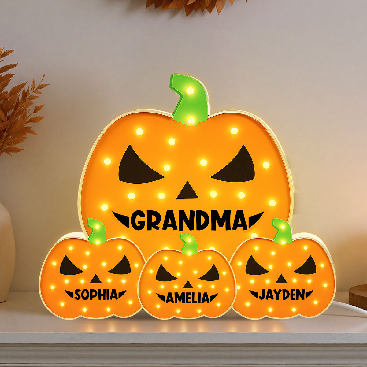 3D Effect Marquee Pattern Halloween Grandma And Grandkids Pumpkins - Personalized Light Box - Gift For Grandmas