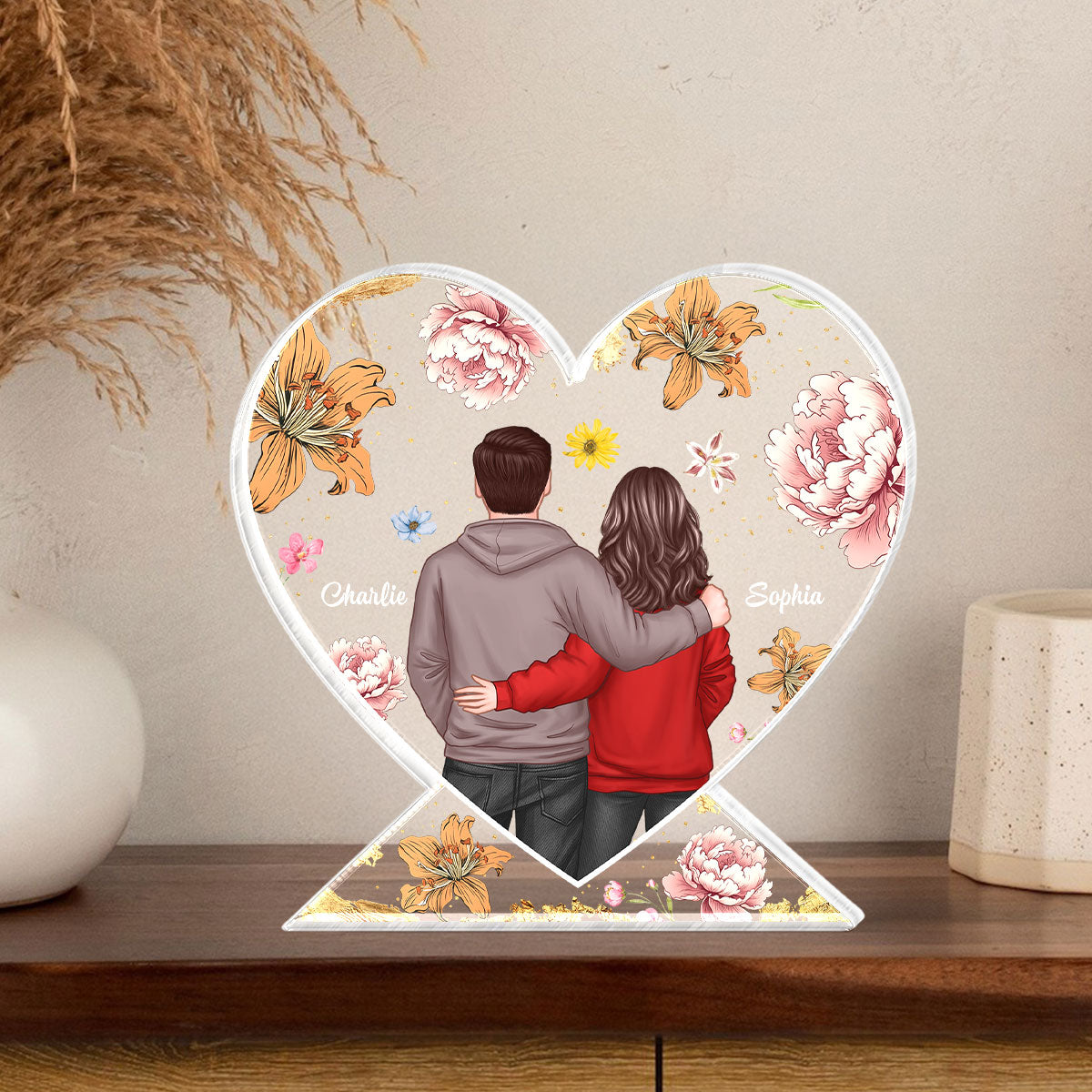Couple Hugging Back View Birth Month Flower Personalized Acrylic Heart Block Plaque, Heartfelt 2025  Gift, Anniversary Gift For Girlfriend, For Wife