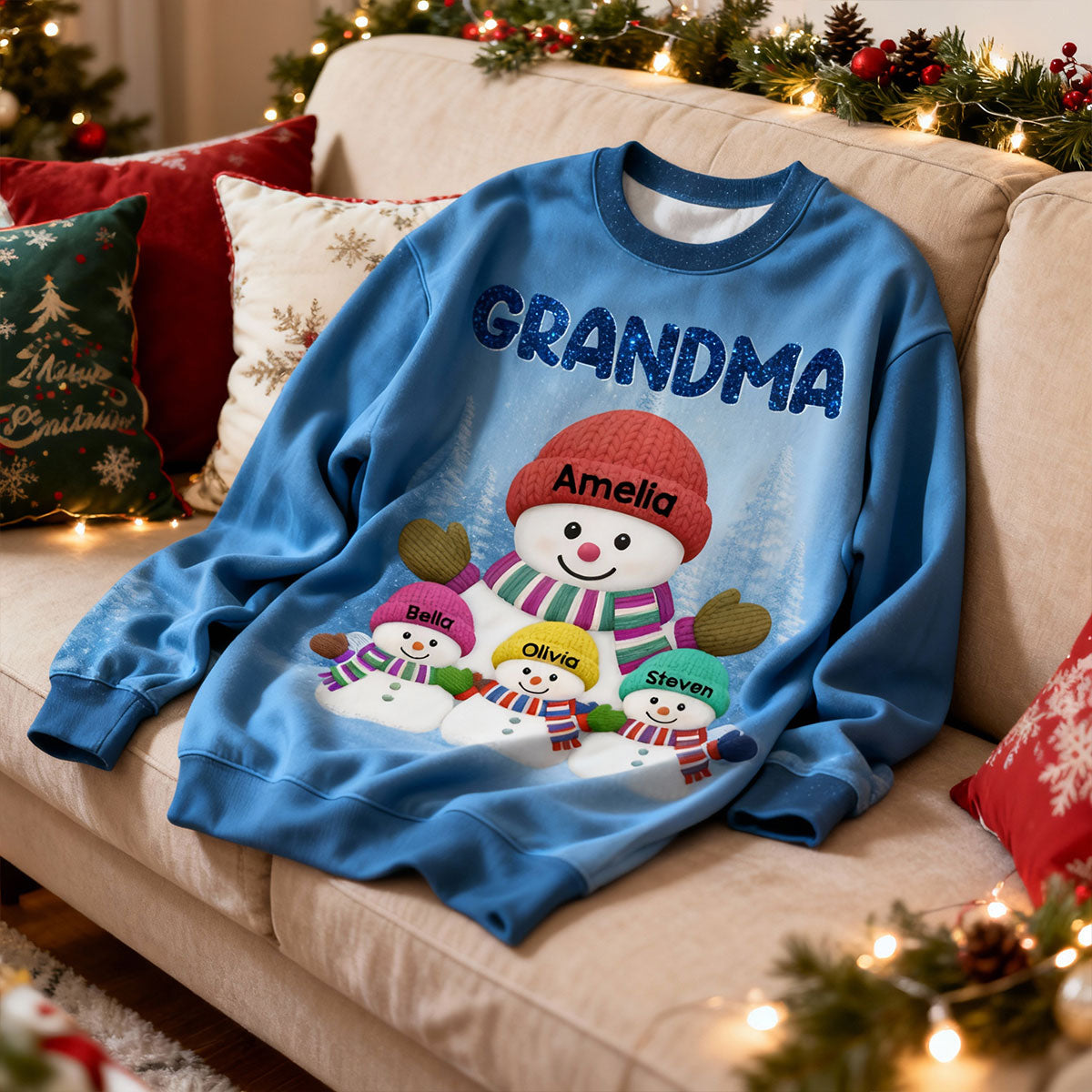 Heartwarming Grandma Grandkids Snowman Together - Personalized Ugly Sweater