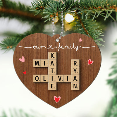 Family Crossword Puzzle Art Personalized Heart Shaped 2-Layer Wooden Ornament