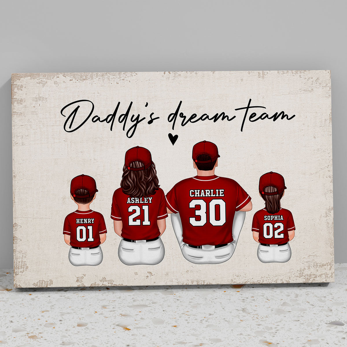 Daddy's Team Baseball Family Sitting Personalized Canvas, Gift For Dad, Grandpa, Husband