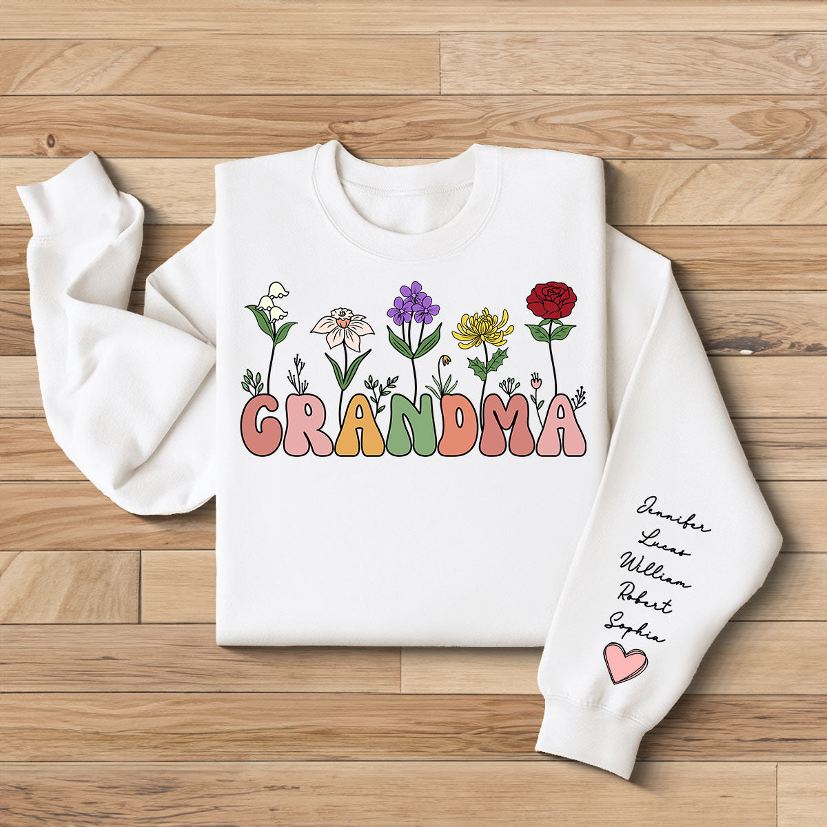 Grandma Retro Birth Month Flower Gift Personalized Sleeve Printed Sweatshirt