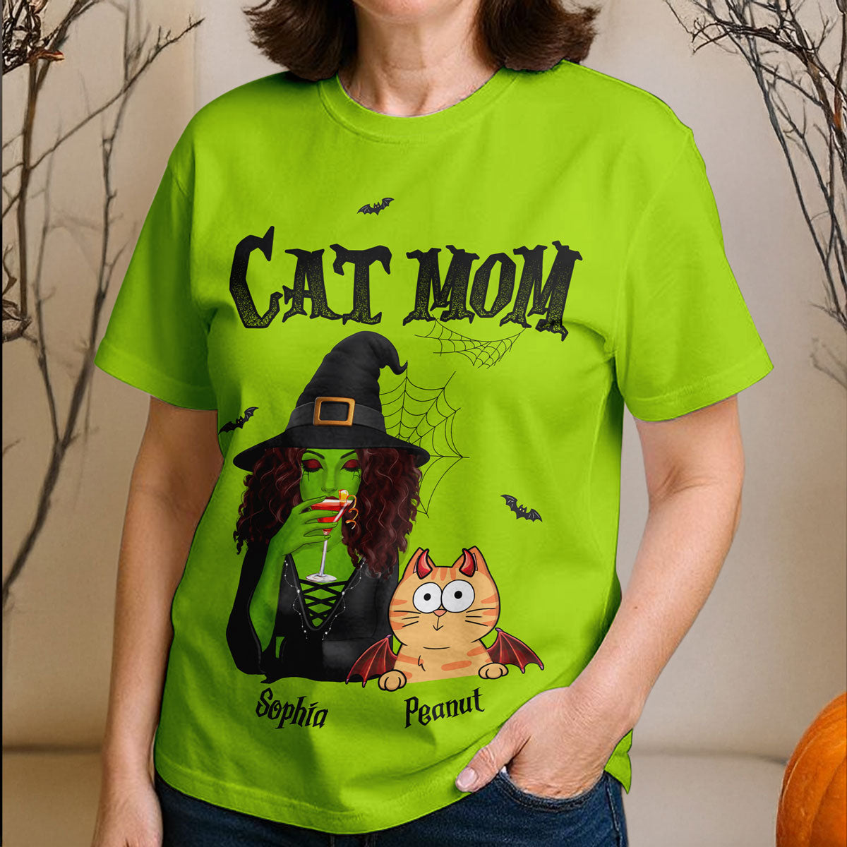 Halloween Green Witch Cat Mom Personalized Shirt, Spooky Halloween Costume For Cat Lovers