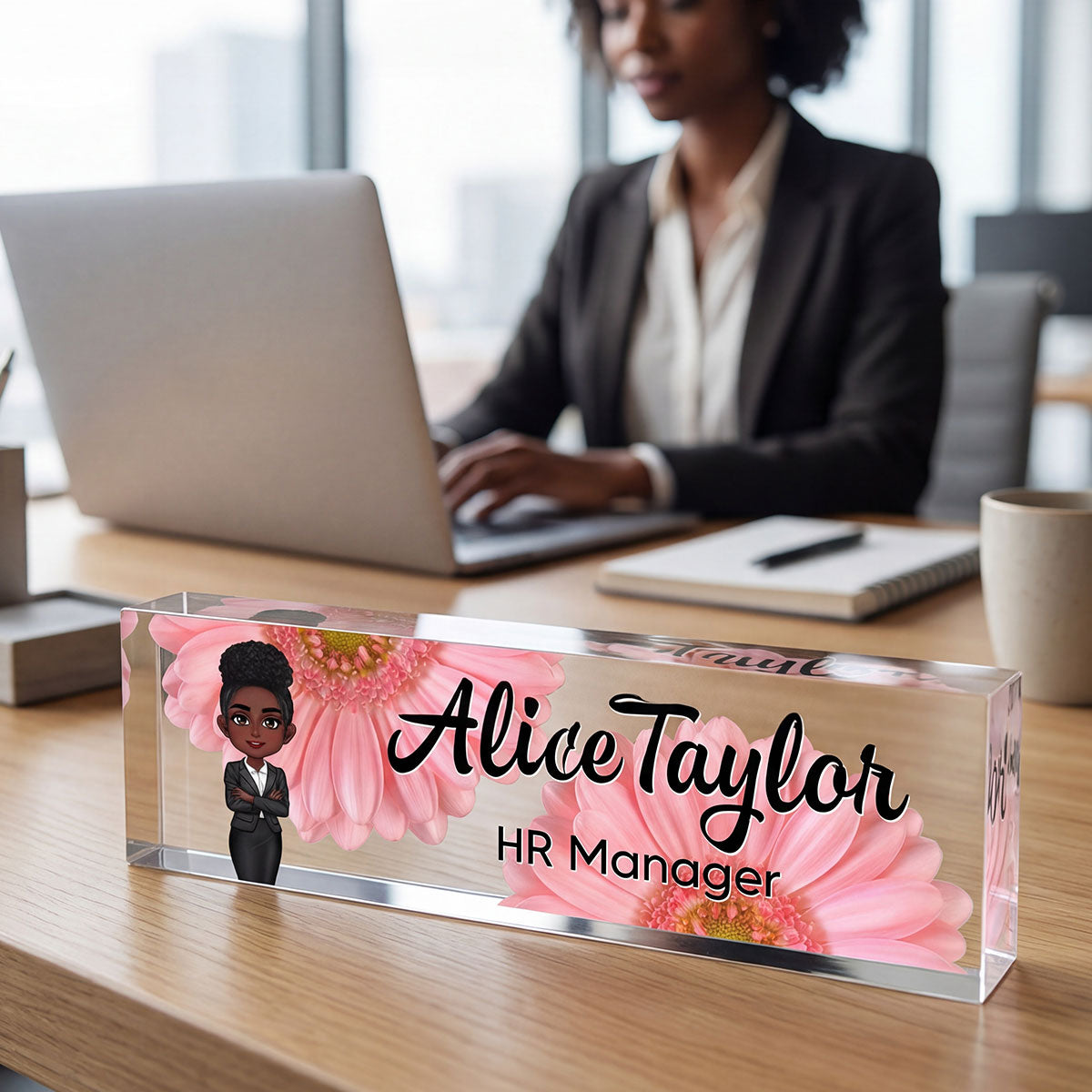 Daisy Flowers Woman Man Office - Personalized Acrylic Desk Name Plate - Gift For Colleagues, Coworkers, Boss