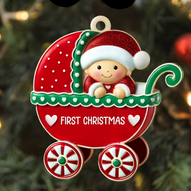 First Christmas Cute Baby On Carriage Personalized Acrylic Ornament, Gift for New Mom New Dad, Baby Newborn Gift