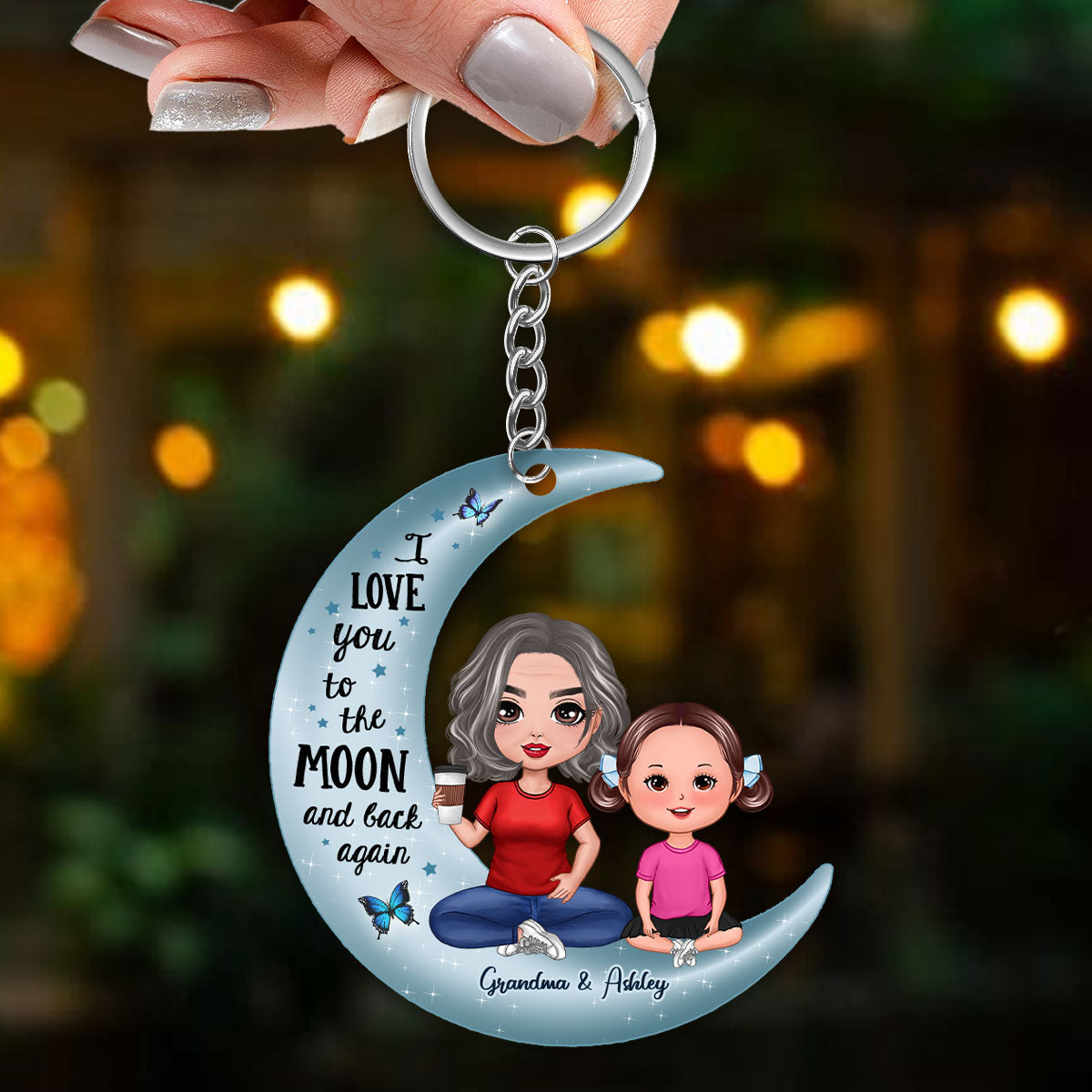 Doll Grandma & Grandkid On Moon Personalized Acrylic Keychain