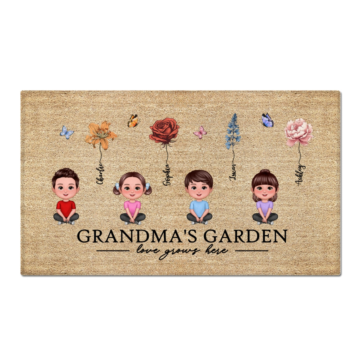 Love Grows Here Grandma Garden Birth Month Flowers Grandkids Crossed Legs Personalized Doormat