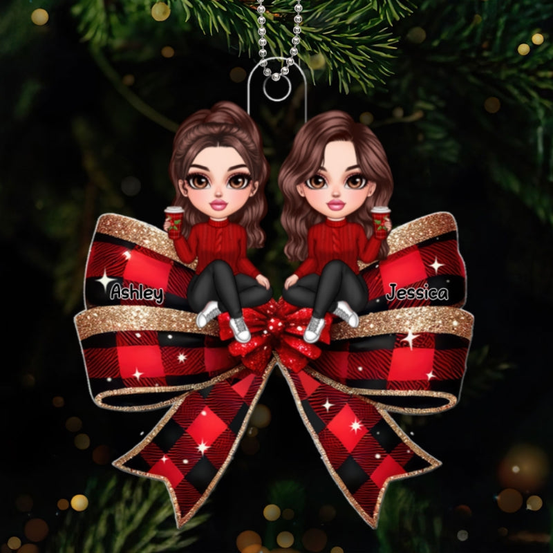 Christmas Checkered Coquette Bow Y2K Besties Personalized Acrylic Ornament, Christmas Gift For Best Friends