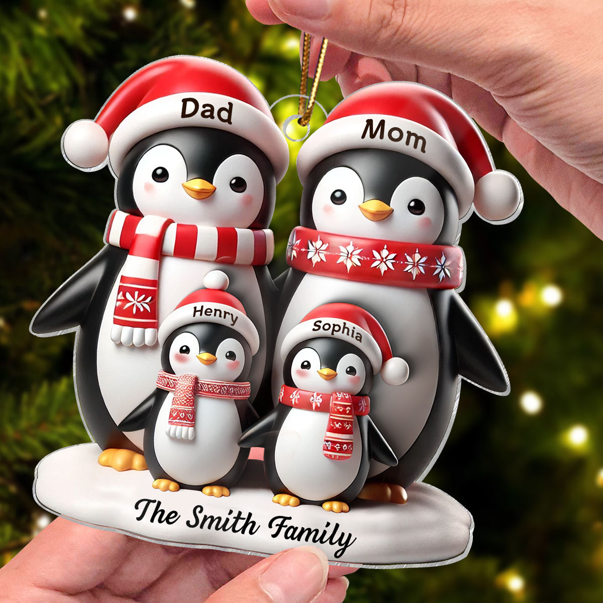 3D Effect Penguins Family Christmas Personalized Acrylic Ornament