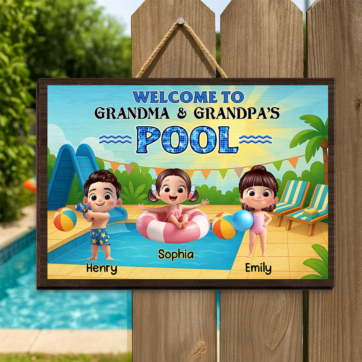 Welcome to Grandma & Grandpa's Pool Personalized Wood Sign, Granparents Hosting Grandkids, Customer Pool Sign