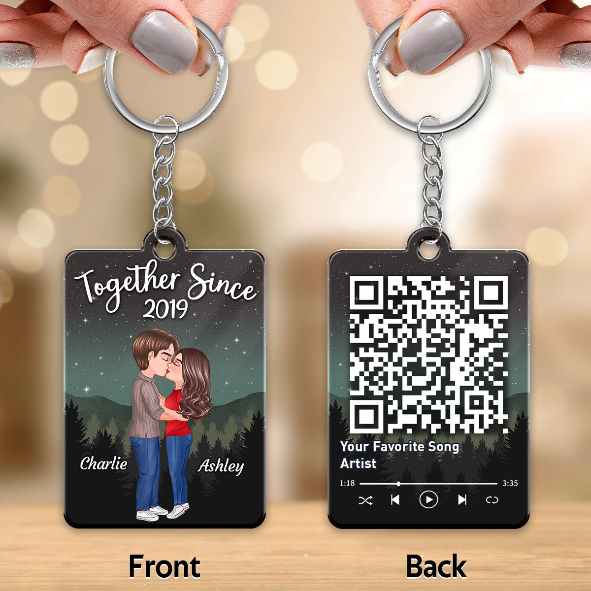 Galaxy Night Doll Couple Kissing Favorite Song Scannable QR Code Personalized Acrylic Keychain
