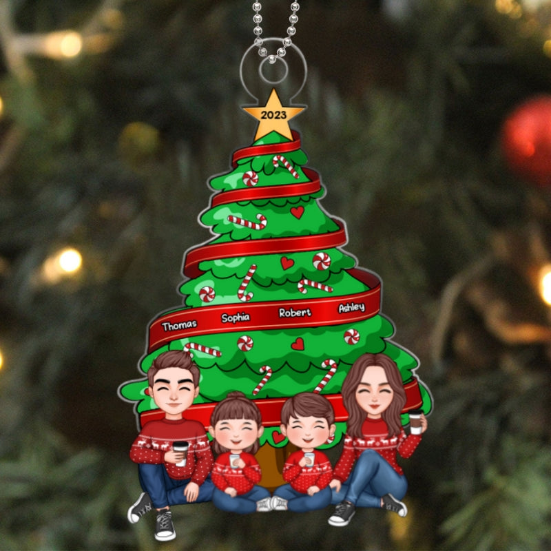 Family Sitting Under Christmas Tree Personalized Acrylic Name Ornament