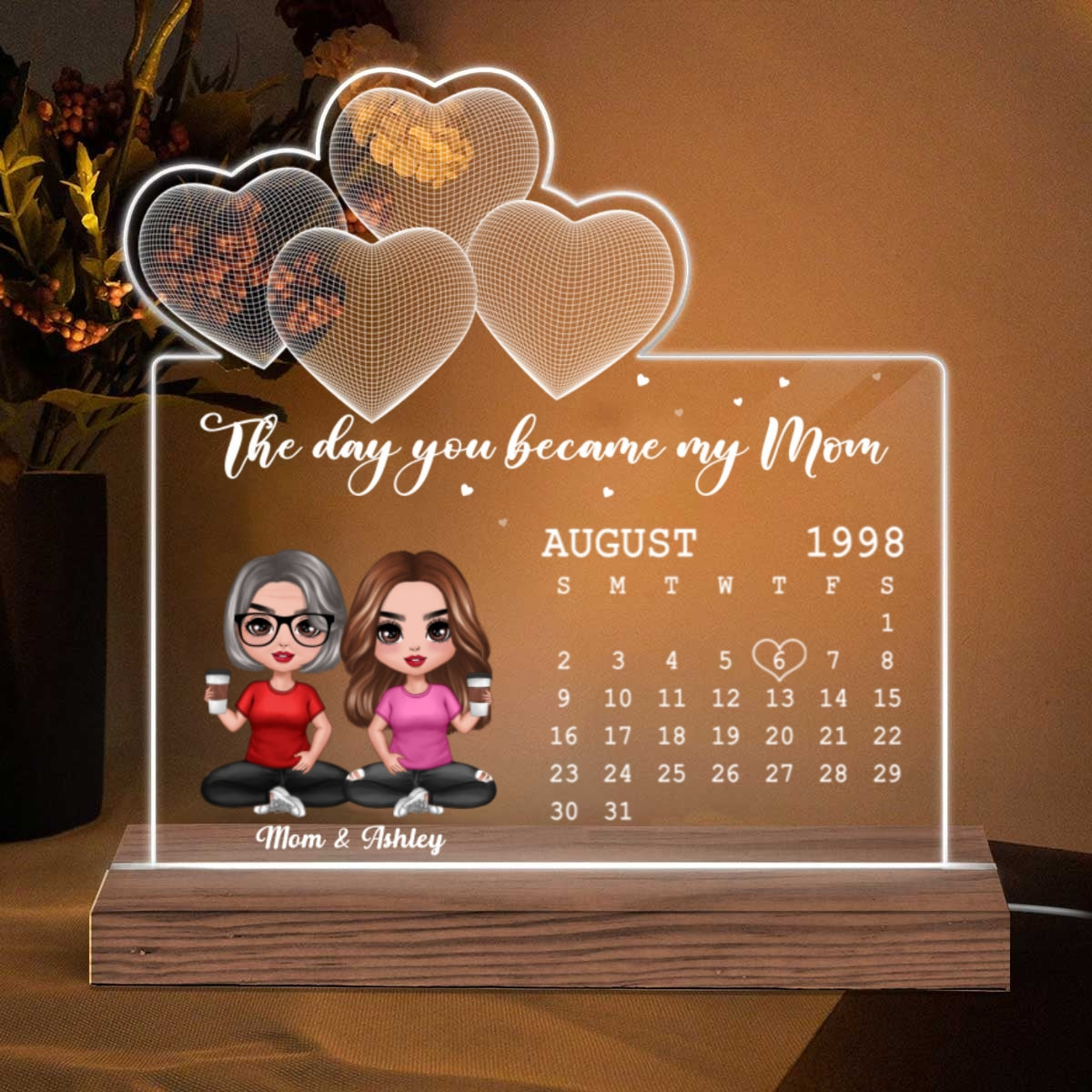 Sitting Doll Mother Daughter Under 3D Heart Personalized Custom Shape LED Night Light