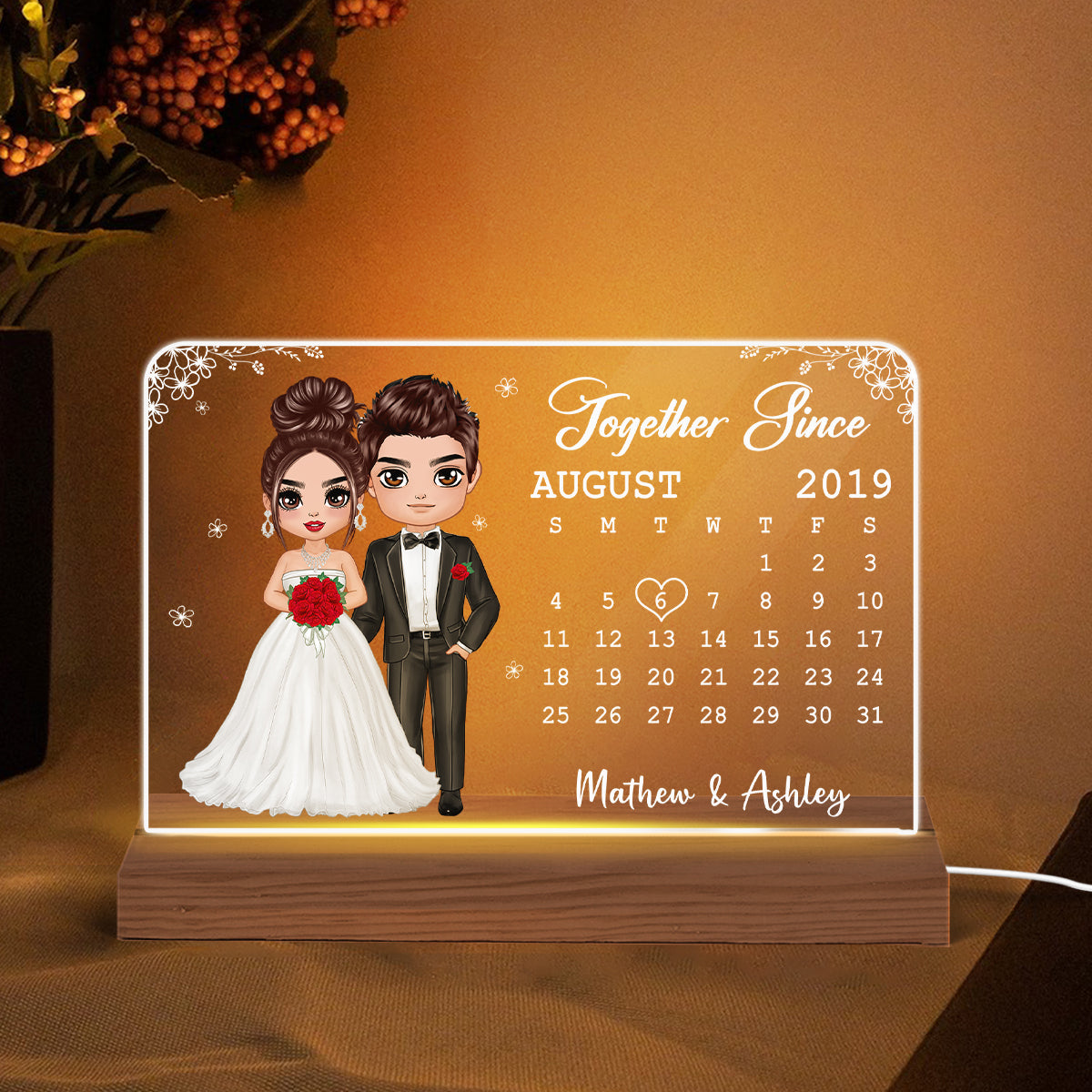 Doll Couple Wedding Anniversary Date Calendar Bride & Groom Rectangle Personalized Custom Shape Acrylic Plaque With LED Night Light - Anniversary Gift For Couple - Gift For Him - Gift For Her