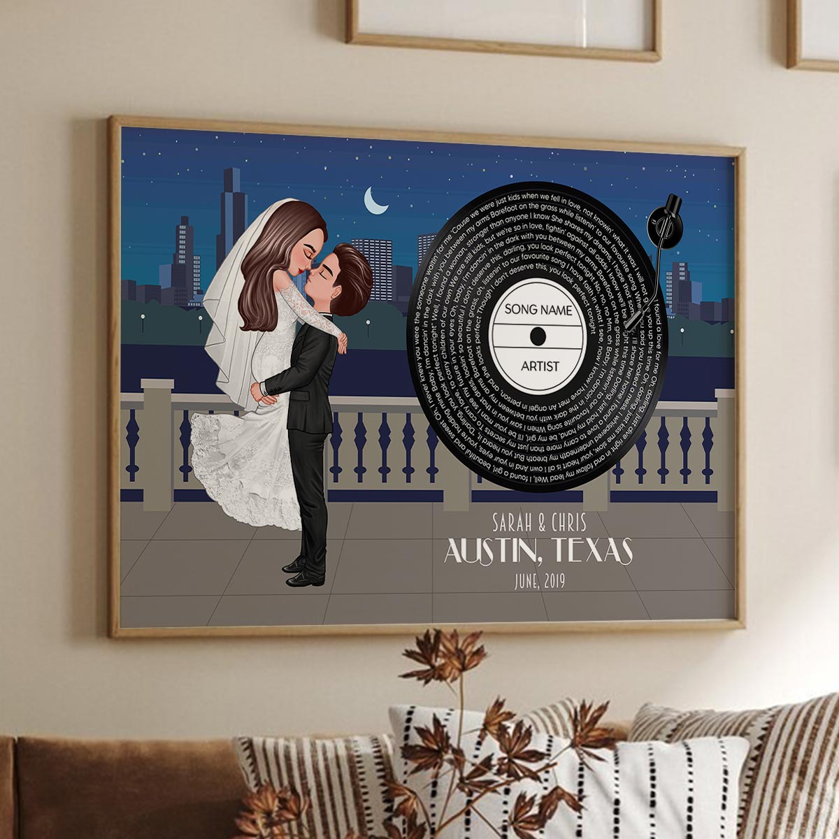 Groom & Bride City Wedding Song Poster, Personalized Couple Cartoon Portrait Wedding Gift Anniversary Gift  Gift For Him, For Her