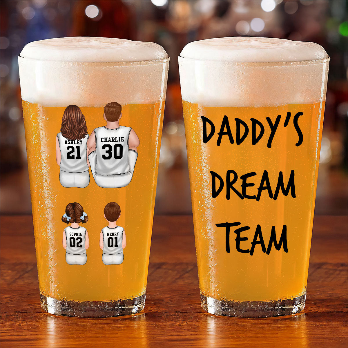 Daddy's Dream Team Basketball Personalized Beer Glass, Father's Day Gift for Dads