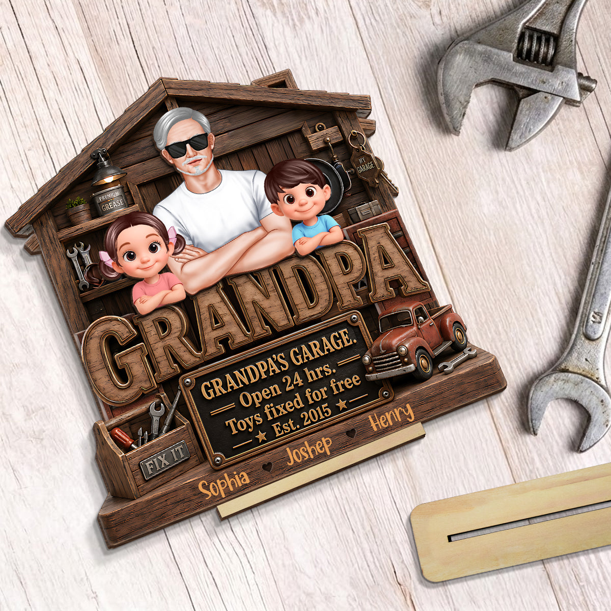 Grandpa's Garage - Personalized 2-Layered Wooden Plaque - Father's Day Gift for Dad, Grandpa, Husband
