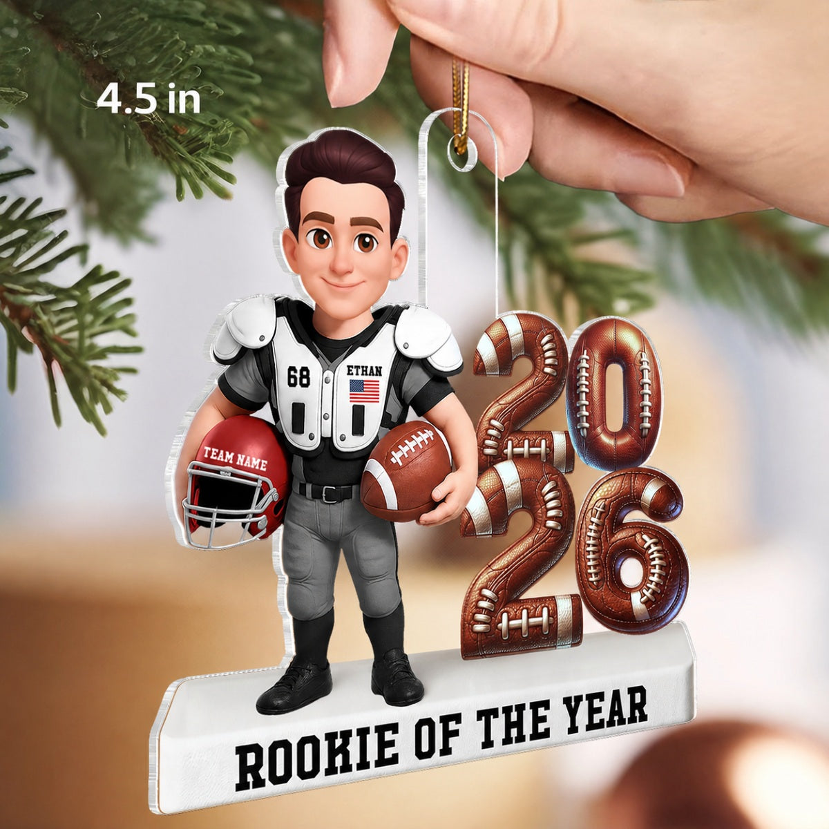 Proud American Football Player Standing By Year 3D Effect - Personalized Acrylic Ornament