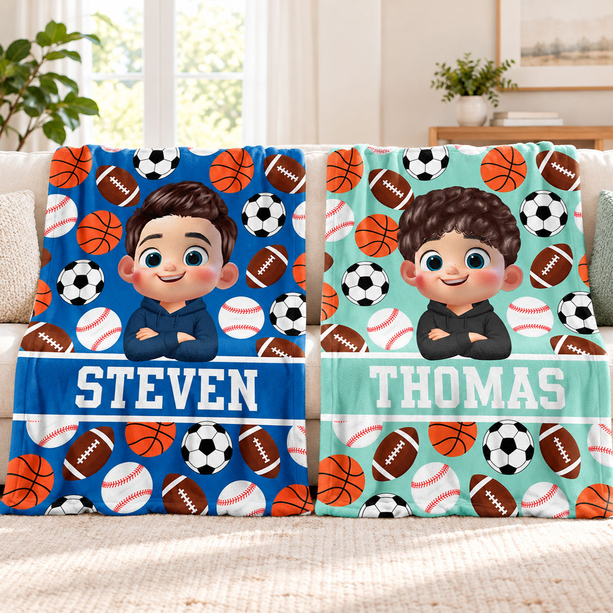 Multiple Sports Lovers Boy Girl Custom Name - Personalized Fleece Blanket - Christmas Gift For Kids Sport Lovers, Grandson, Son, Granddaughter, Daughter