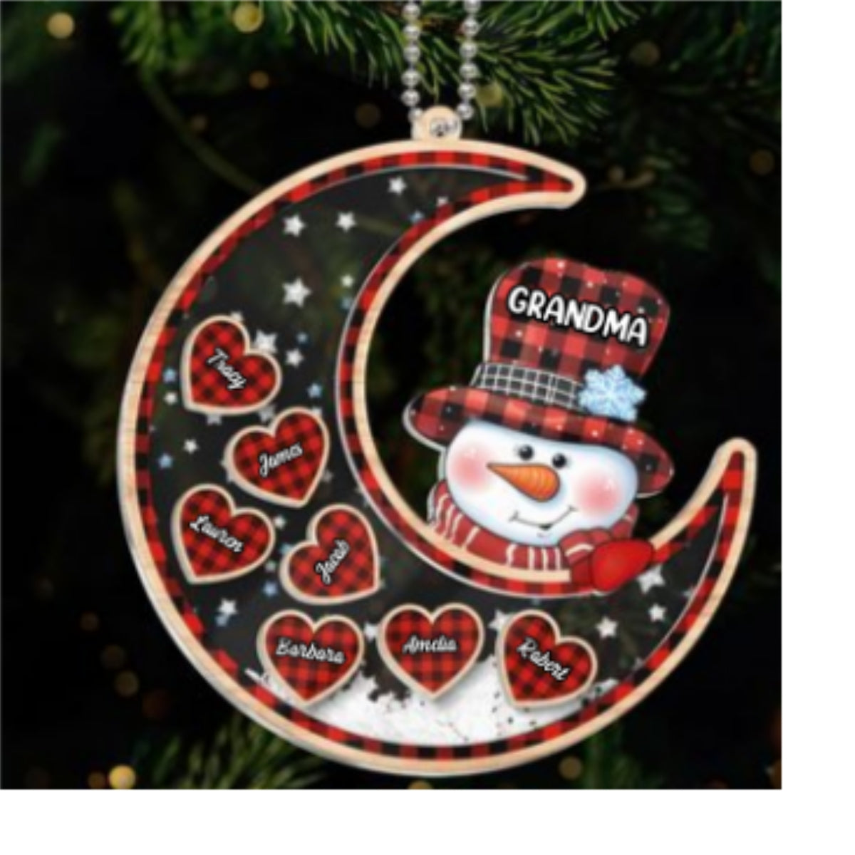 Grandma Snowman On Moon Personalized Shaker Ornament, Christmas Gift For Grandma & Grandchildren