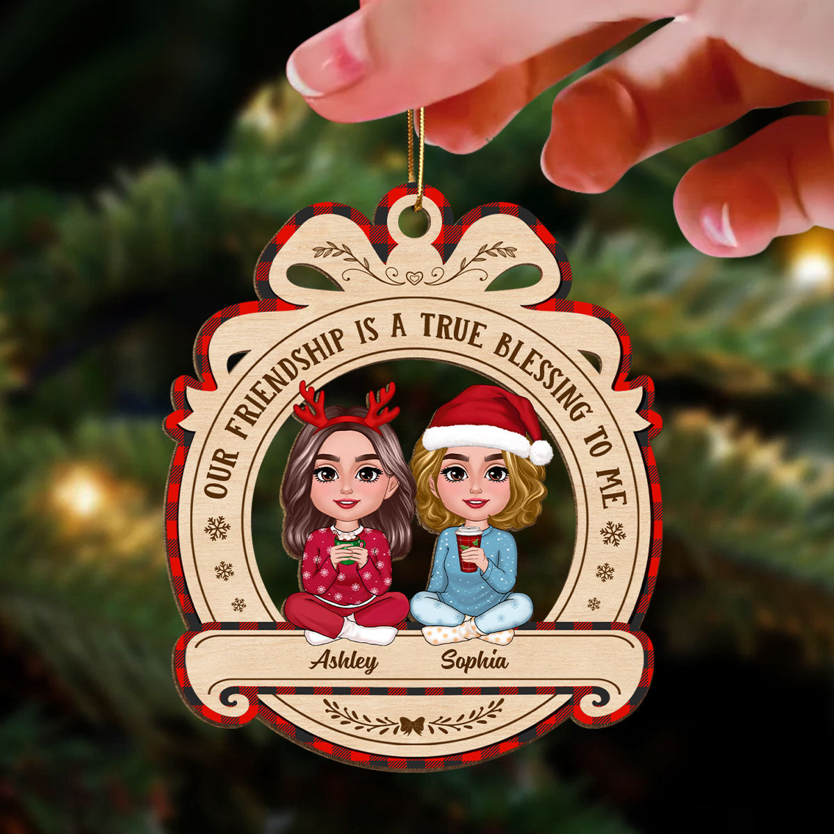 Christmas Besties Sisters Sitting Pretty Personalized Wooden Ornament