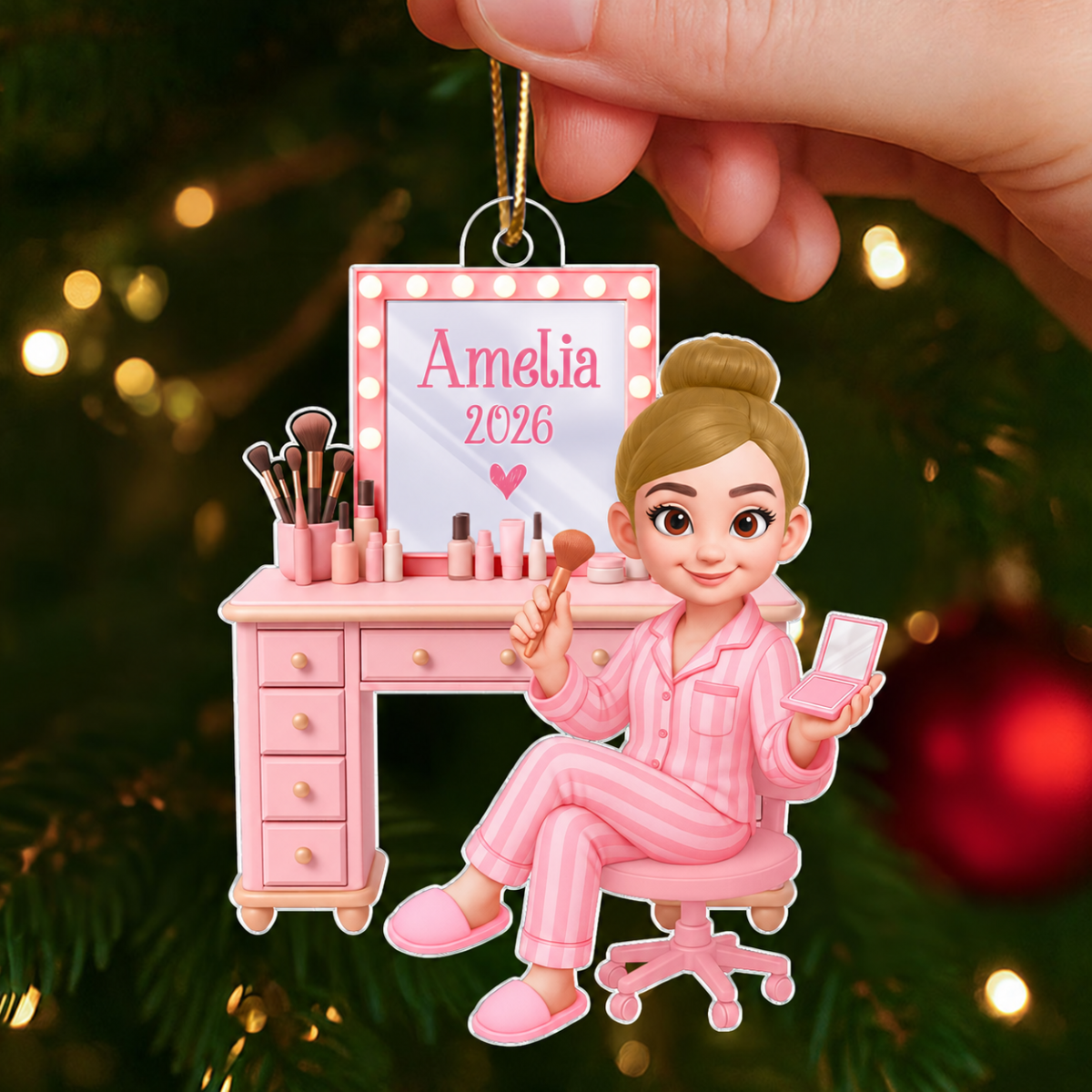 Pink Girl Makeup 3D Effect - Personalized Acrylic Ornament - Christmas Gift for Daughters, Granddaughters, Teen Girls