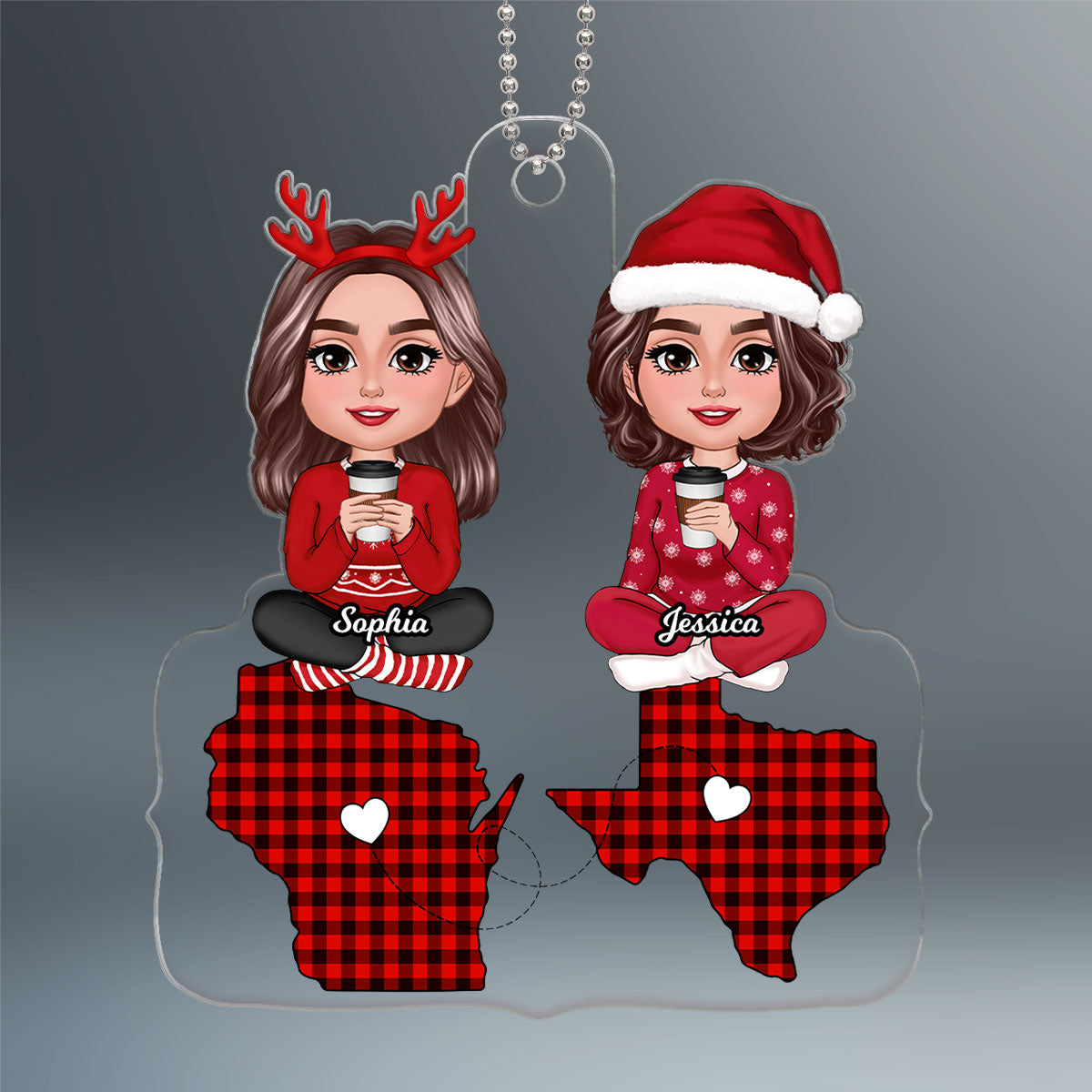 Doll Besties Sitting On State Maps Long Distance Friendship Personalized Acrylic Ornament