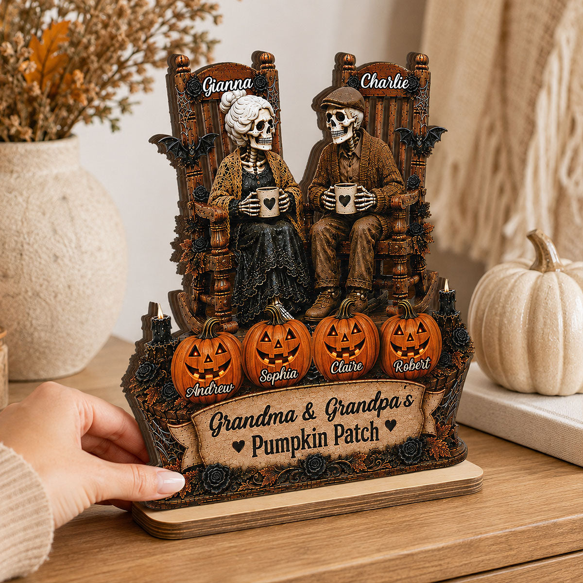 Grandma Grandpa Skeleton Pumpkin Patch 2D Flat - Personalized Wooden Plaque - Halloween Gift
