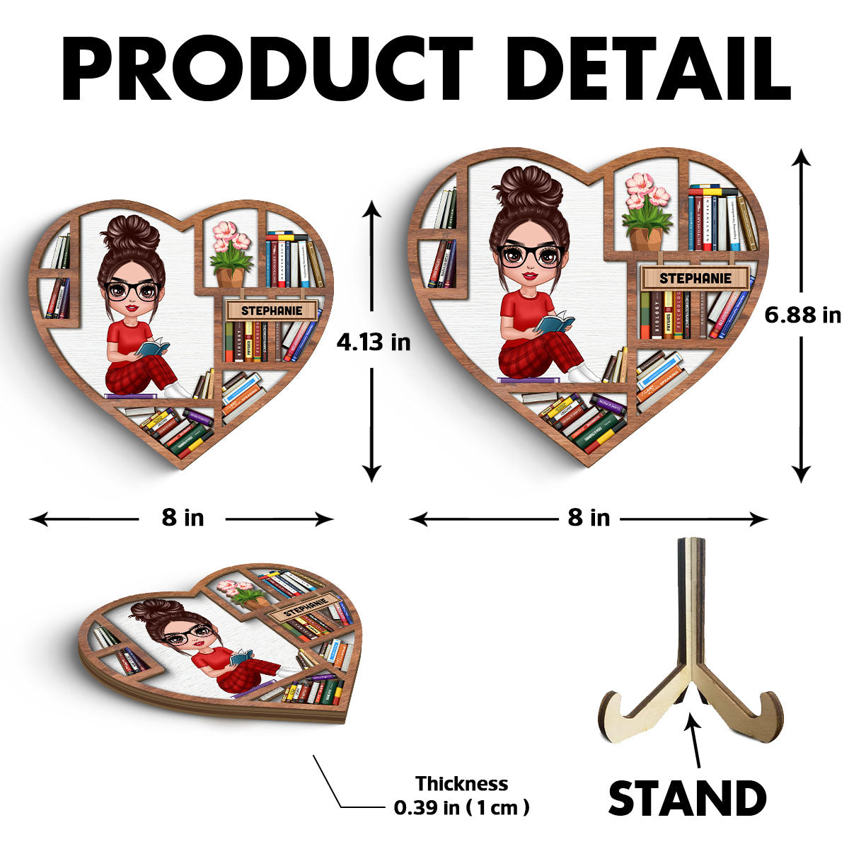 Reading Book Girl Bookshelf Heart Personalized 2-layer Wooden Plaque