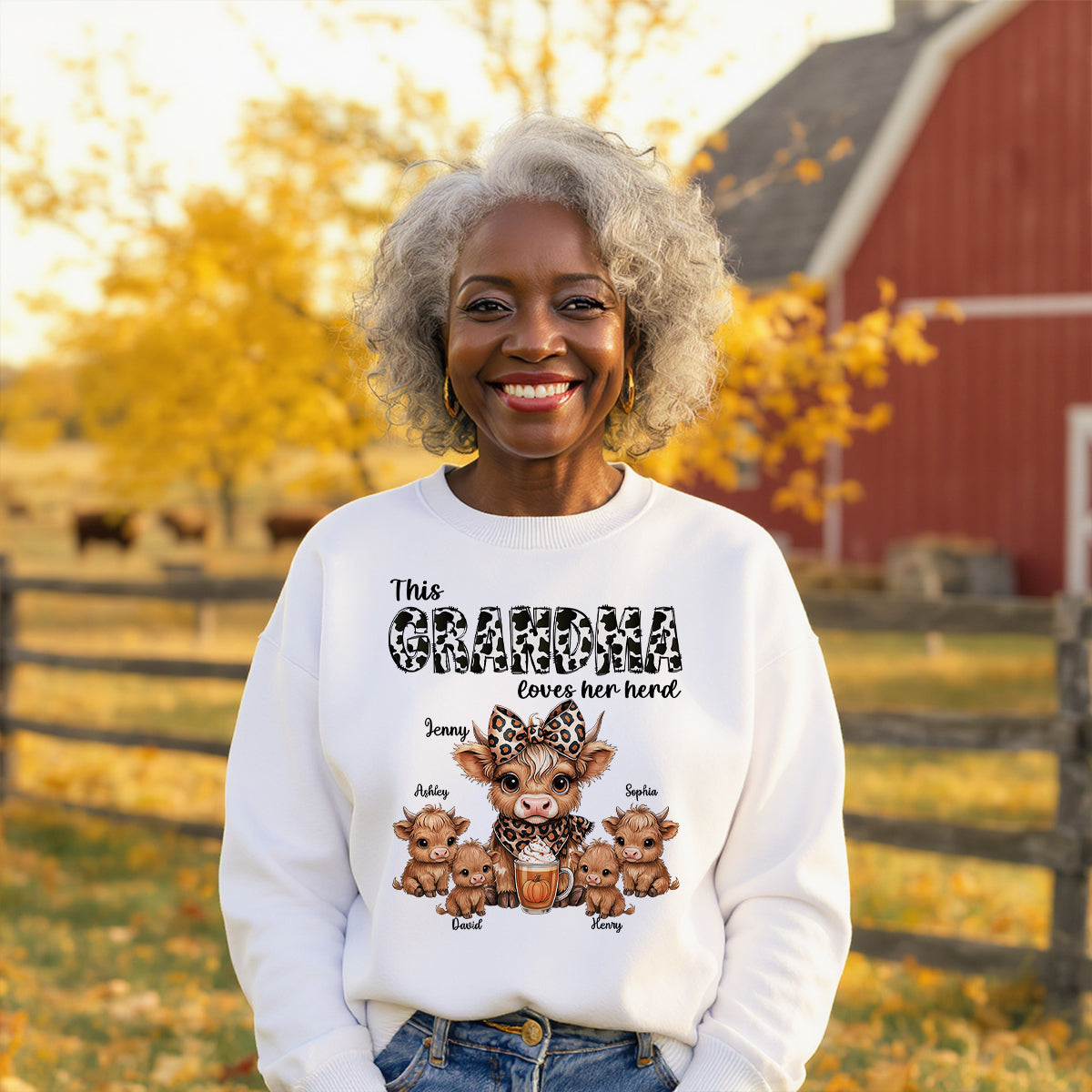 This Mama Grandma Loves Her Herds – Cozy Fall Vibe Personalized Highland Cow Family Sweatshirt