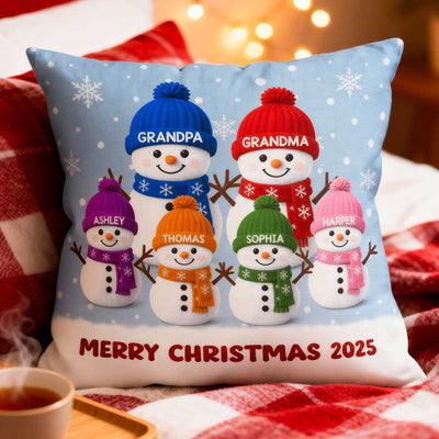 3D Effect Velvet Texture Christmas Grandma Grandkids Snowman Together - Personalized Pillow