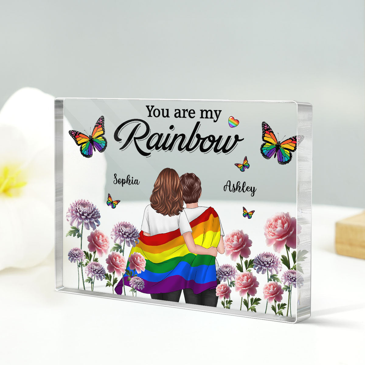 Pride Month LGBT Couple Birth Month Flowers Personalized Rectangle Acrylic Block Plaque, Gift For Couple