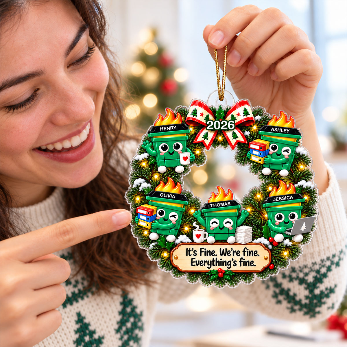 Funny Dumpster Fire Office Chaos - Personalized Acrylic Ornament - Funny Christmas Gift For Coworkers
