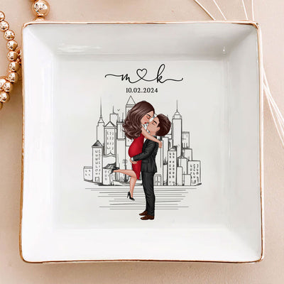 Couple Hugging Kissing Outline Landscape Personalized Jewelry Dish, Gift for Her
