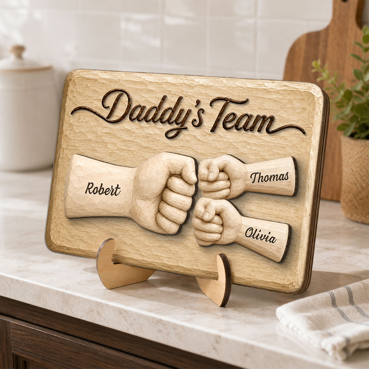 Sentimental Rustic Daddy's Team Fist Bump - Personalized 2-Layered Wooden Plaque - Father's Day Gift For Dad, Husband