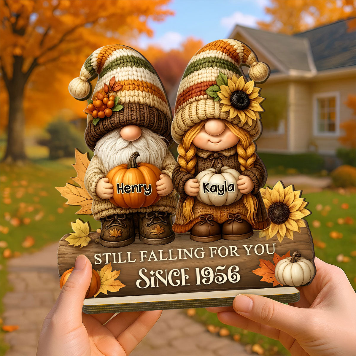 Gnome Couple Growing Old Together Personalized Standing Wooden Plaque, Fall Decor for Couple