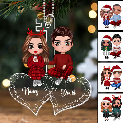 Couple Sitting On Hearts Personalized Christmas Acrylic Ornament