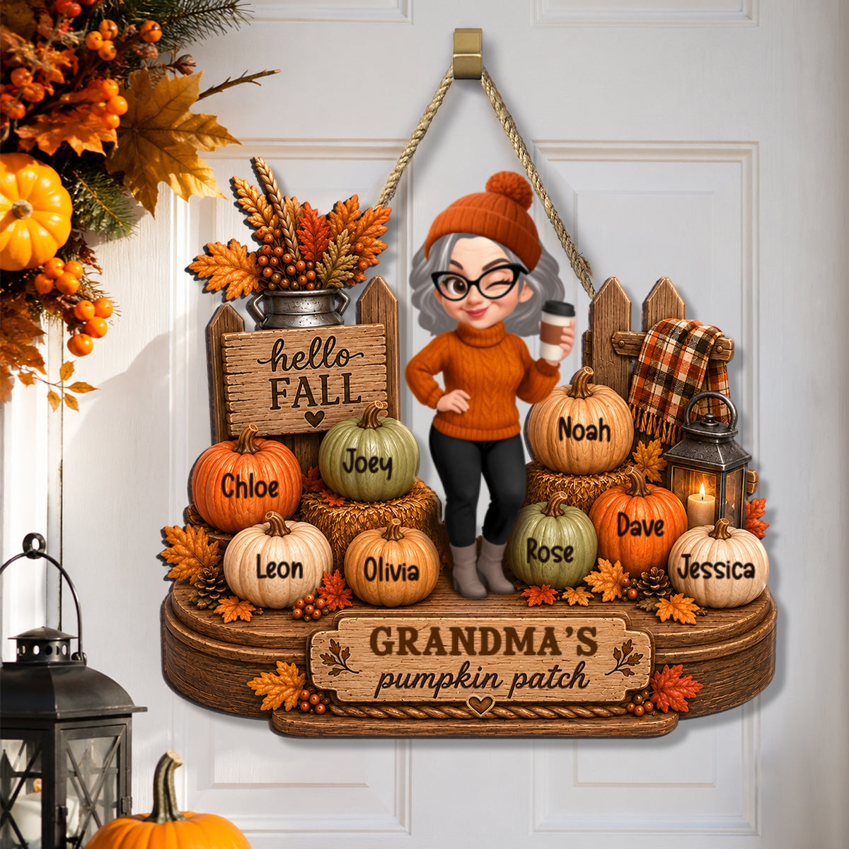 Hello Fall Grandma's Pumpkin Patch - Personalized Wooden Door Sign - Cozy Fall Decor for Grandma