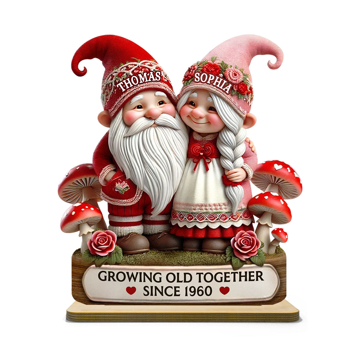 3D Effect Romantic Gnome Couple Personalized Standing Wooden Plaque, Heartfelt Gift For Her, For Wife
