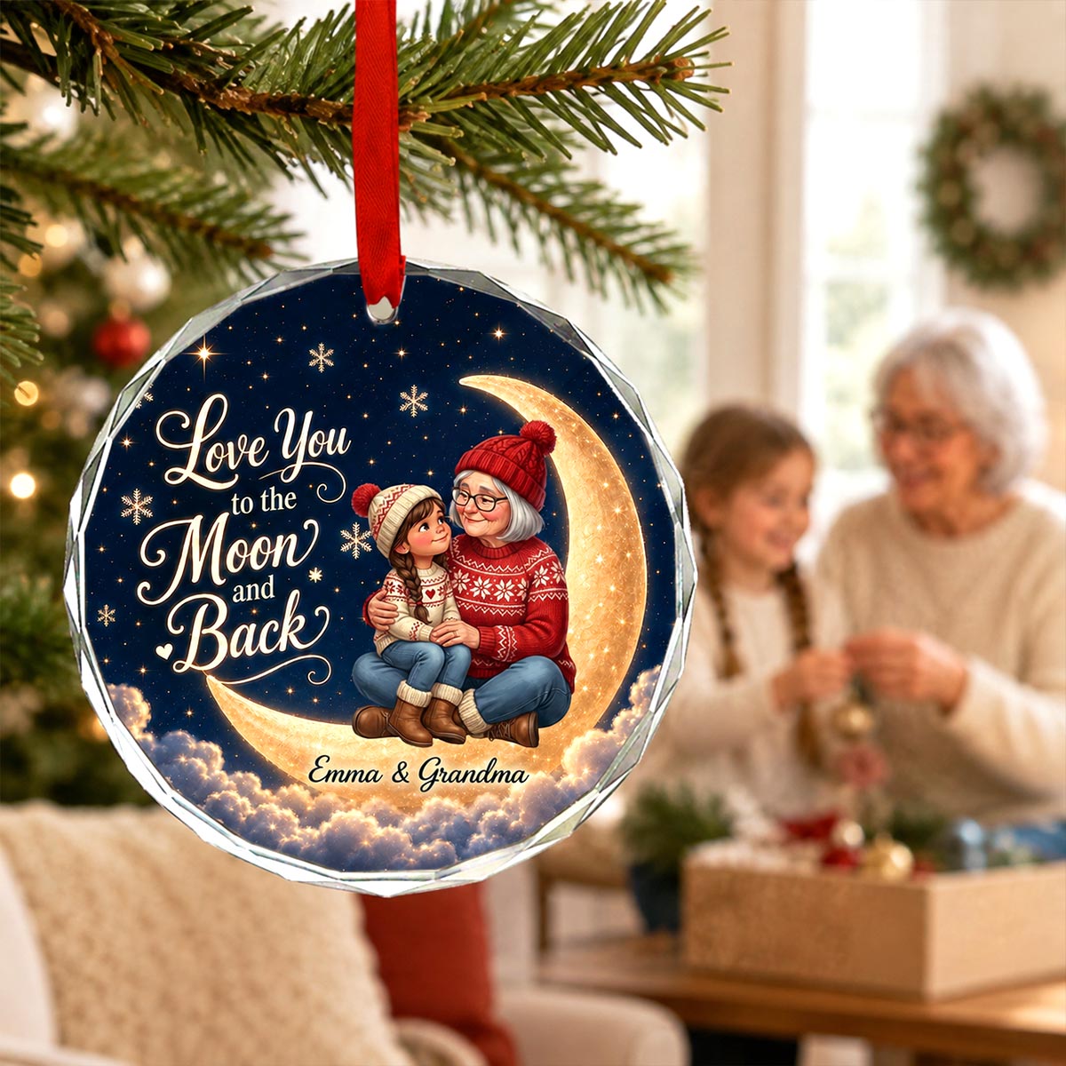 Love You To The Moon And Back Grandma Grandkid Portrait From Your Photo - Personalized Glass Ornament - Christmas Gift For Grandchildren