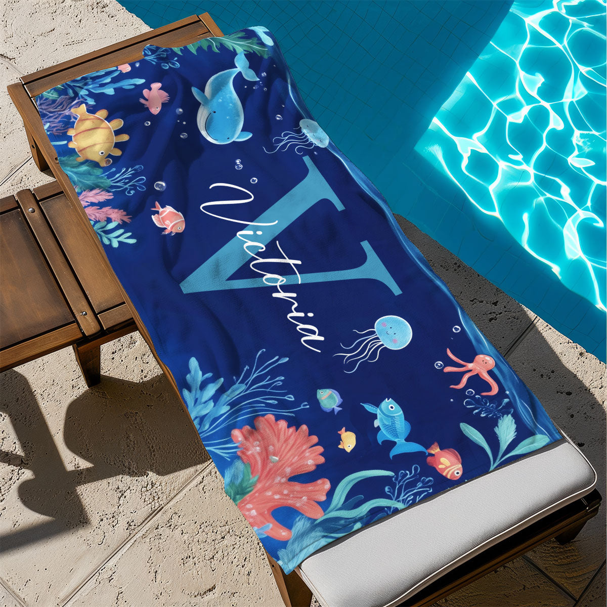 Personalized Ocean World Cute Animal Personalized Beach Towel with Initial and Name, Summer Travel, Accessories Gift for Boy Girl, Bath Towel