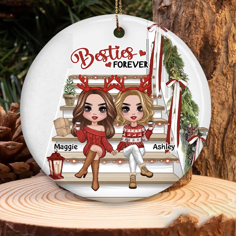 Besties Sisters Sitting On Christmas Stair Personalized Circle Ornament