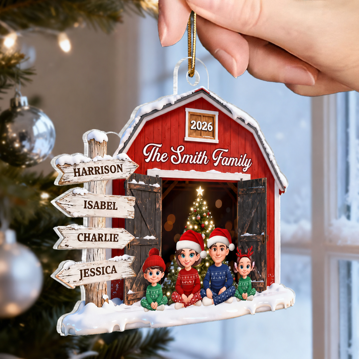 3D Effect Christmas Nostalgia Barn House Family Sign Posts Family Together - Personalized Acrylic Ornament - Gift For Family, Farmhouse Decor