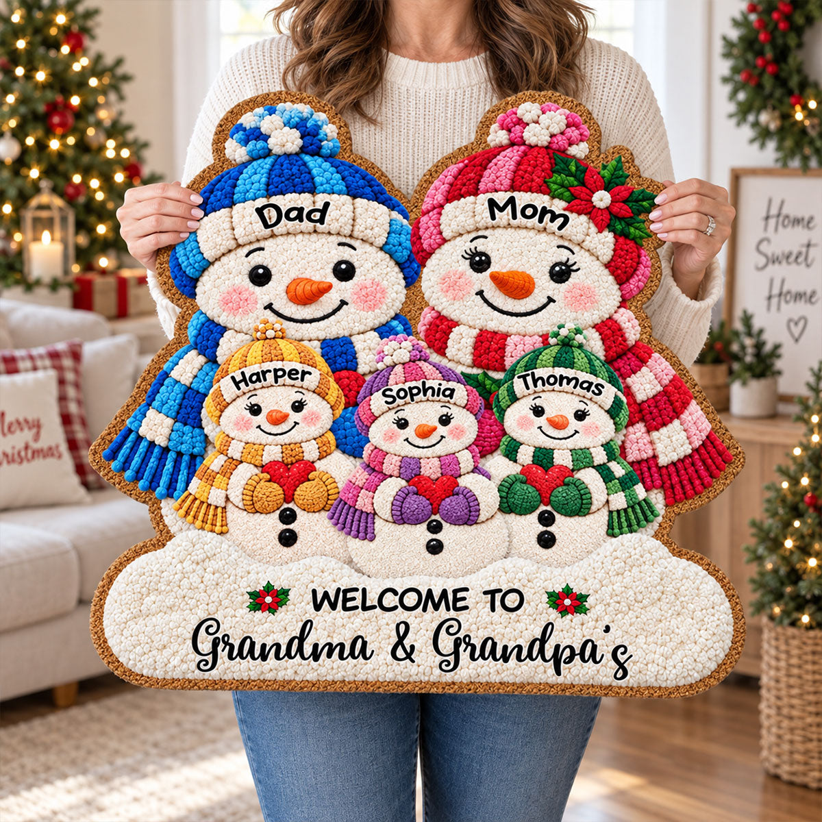 Cute Snowman Grandparents & Grandkids 2D Flat Printed - Personalized Doormat - Christmas Decor For Grandparents, Family