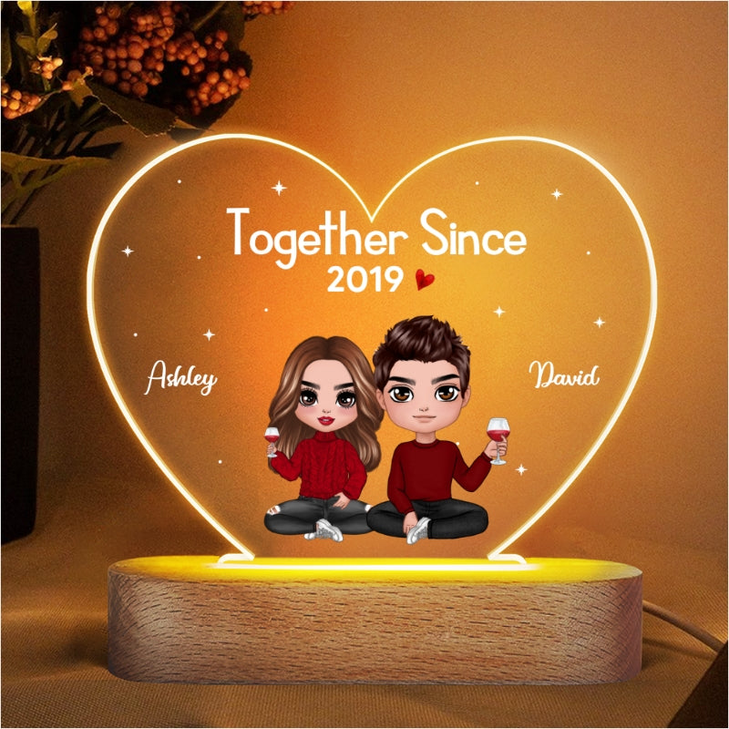 Doll Couple Sitting  Anniversary Gift For Him Gift For Her Personalized Heart Acrylic Plaque LED Lamp Night Light